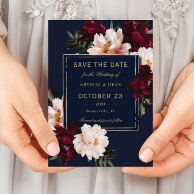 Dark Moody Burgundy Blush Navy Blue Floral Wedding Save The Date (Creator Uploaded)