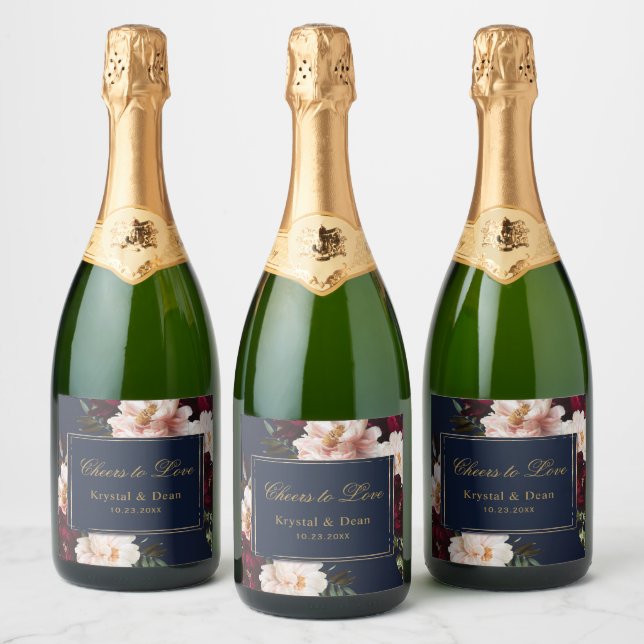 Dark Moody Burgundy Blush Navy Blue Floral Wedding Sparkling Wine Label (Bottles)