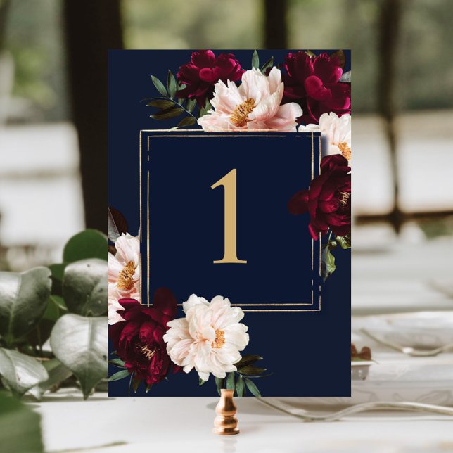 Dark Moody Burgundy Blush Navy Blue Floral Wedding Table Number (Creator Uploaded)