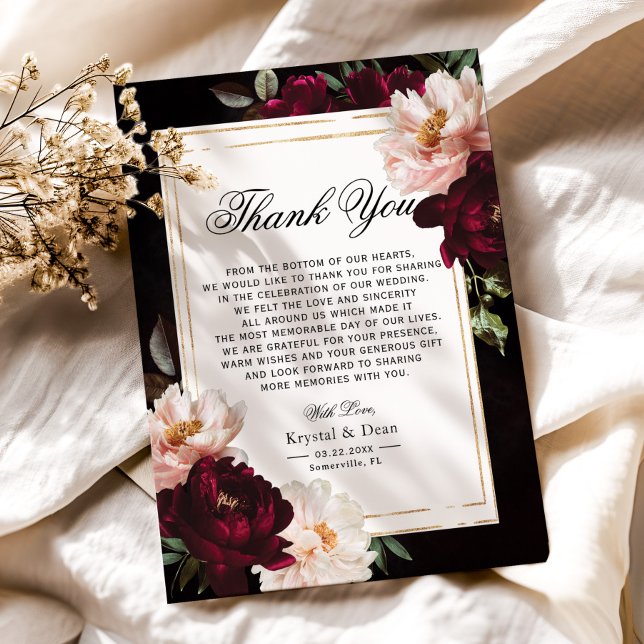 Dark Moody Burgundy Blush Navy Blue Floral Wedding Thank You Card (Creator Uploaded)