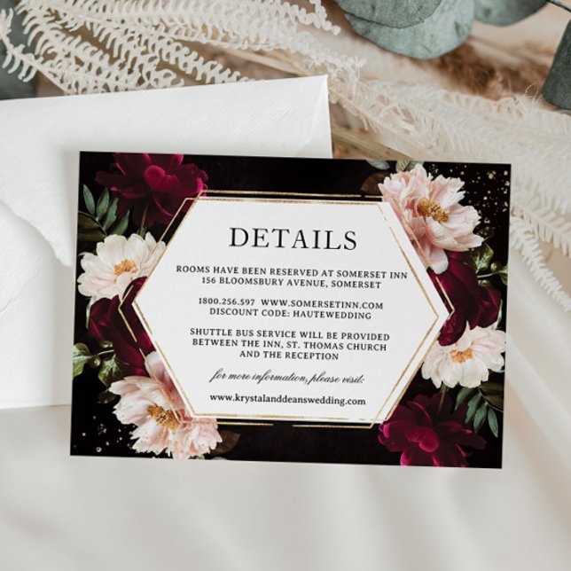 Dark Moody Burgundy Blush Peonies Floral Wedding  Enclosure Card (Creator Uploaded)