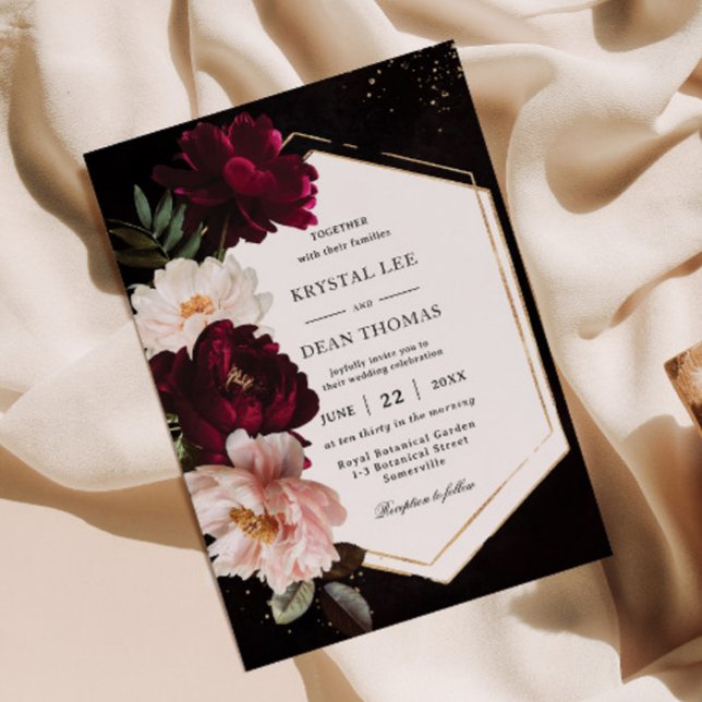 Dark Moody Burgundy Blush Peonies Floral Wedding Invitation (Creator Uploaded)