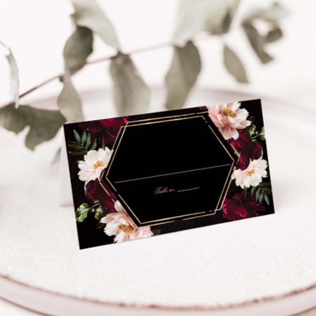 Dark Moody Burgundy Blush Peonies Floral Wedding Place Card (Creator Uploaded)