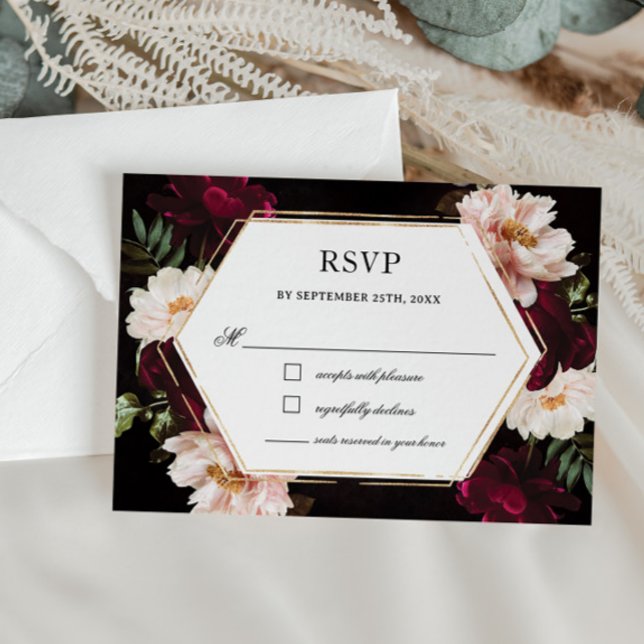 Dark Moody Burgundy Blush Peonies Floral Wedding RSVP Card (Creator Uploaded)