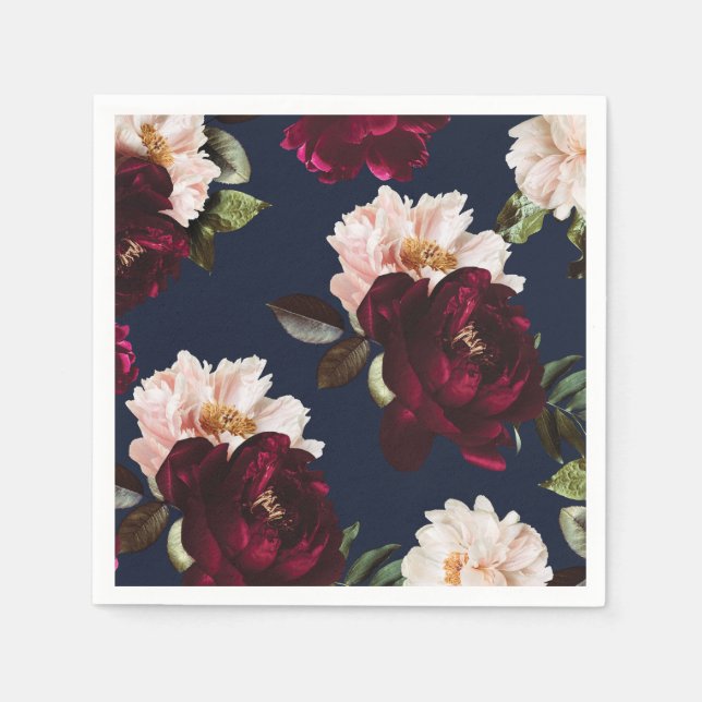 Dark Moody Burgundy Blush Peony Floral Navy Blue Napkin (Front)