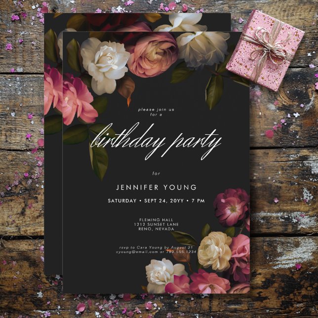Dark Moody Burgundy & Cream Peonies Black Birthday Invitation (Dark Moody Burgundy & Cream Peonies Black Birthday Invitation)