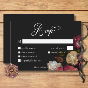 Dark Moody Burgundy & Cream Peonies Black Dinner RSVP Card