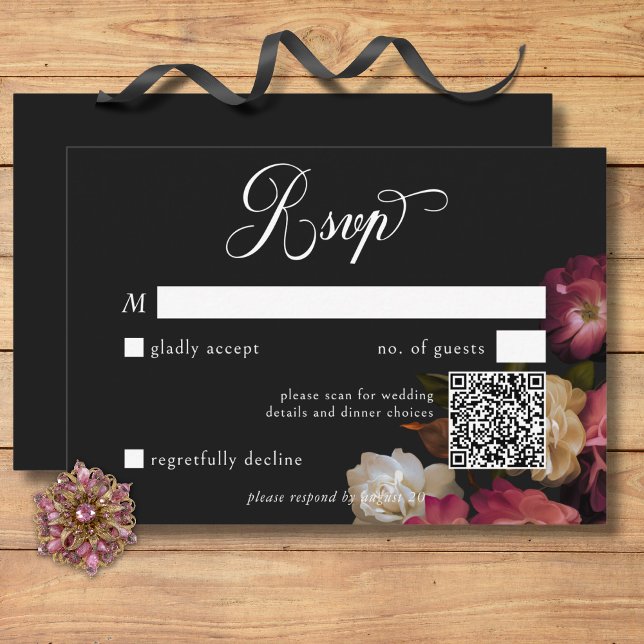 Dark Moody Burgundy & Cream Peonies Black QR Code RSVP Card (Dark Moody Burgundy & Cream Peonies Black QR Code RSVP Card)