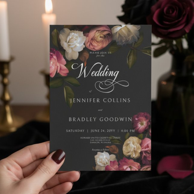 Dark Moody Burgundy & Cream Peonies Black Wedding Invitation (Creator Uploaded)