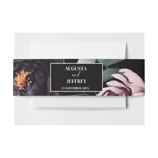 Dark moody burgundy flowers elegant simple invitation belly band (Front Example)