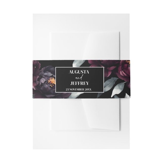 Dark moody burgundy flowers elegant simple invitation belly band (Front Example)