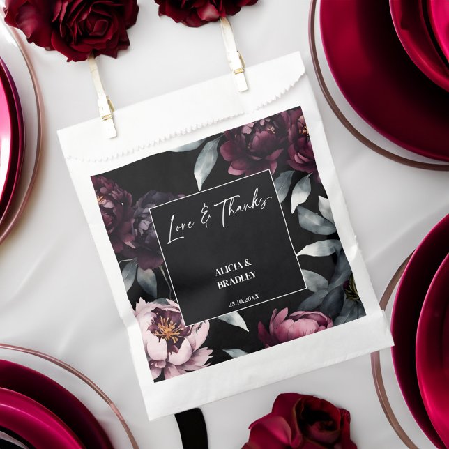 Dark moody burgundy flowers elegant wedding favour bags (Dark moody burgundy flowers elegant wedding favor bag black themed wedding favor bag template)