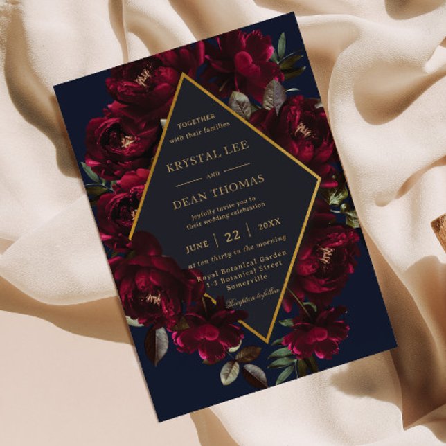 Dark Moody Burgundy Navy Blue Floral Wedding Invitation (Creator Uploaded)
