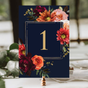 Dark Moody Burgundy Orange Navy Floral Wedding Table Number