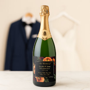 Dark Moody Burgundy Orange Rust Floral Wedding Sparkling Wine Label
