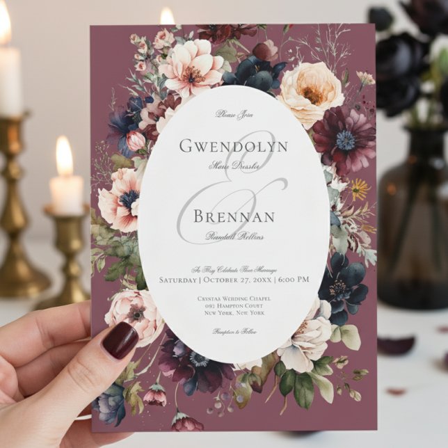 Dark Moody Burgundy Oval Floral Frame Wedding Invitation (Creator Uploaded)