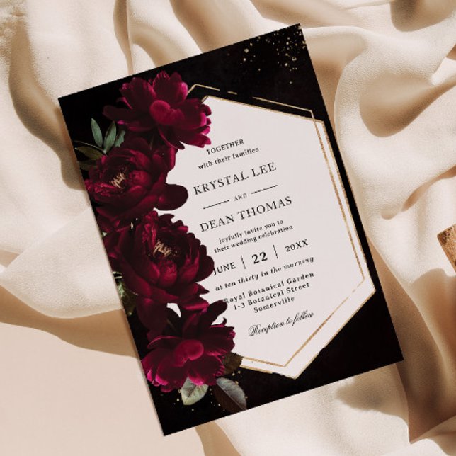 Dark Moody Burgundy Peonies Floral Wedding Invitation (Creator Uploaded)