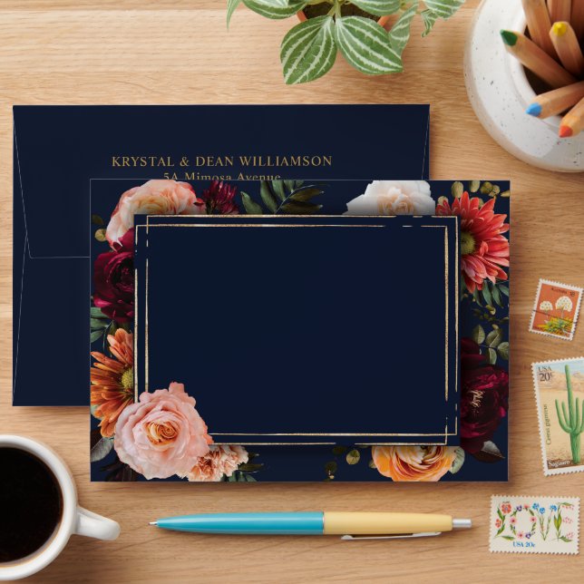 Dark Moody Burgundy Rust Navy Blue Floral Wedding Envelope (Desk)