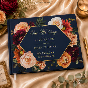 Dark Moody Burgundy Rust Navy Blue Floral Wedding Guest Book