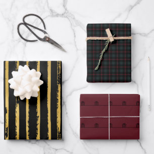 Dark Moody Christmas Gold, Crimson, Plaid, Black Wrapping Paper Sheet