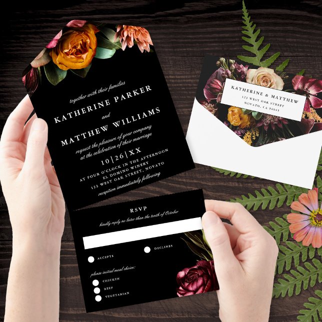 Dark + Moody Elegant Floral Black Wedding All In One Invitation (Creator Uploaded)