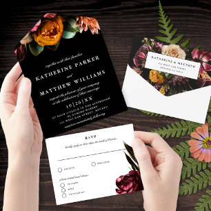 Dark + Moody Elegant Floral Black Wedding All In One Invitation