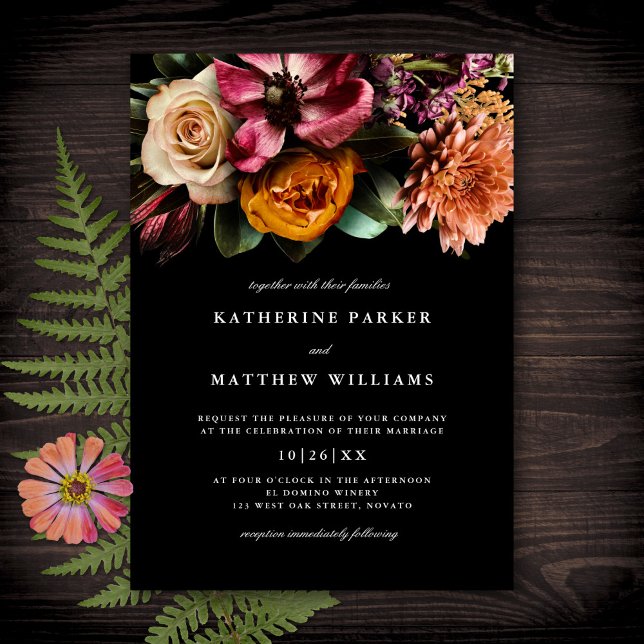 Dark + Moody Elegant Floral Black Wedding Invitation (Creator Uploaded)