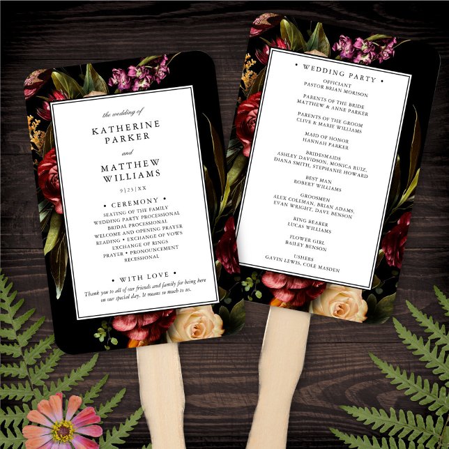 Dark + Moody Elegant Floral Black Wedding Program Hand Fan (Creator Uploaded)