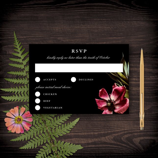 Dark + Moody Elegant Floral Black Wedding RSVP Card (Creator Uploaded)