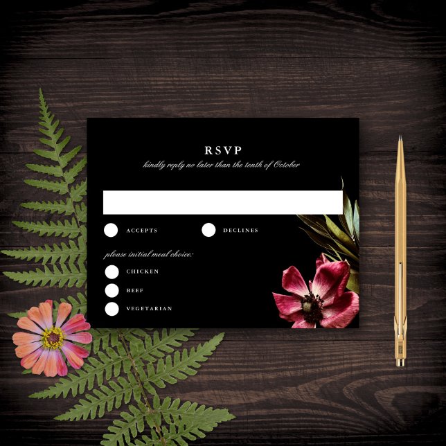 Dark + Moody Elegant Floral Black Wedding RSVP Invitation (Creator Uploaded)