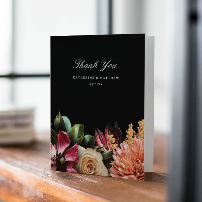 Dark + Moody Elegant Floral Black Wedding Thank You Card (Creator Uploaded)