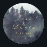 Dark Moody Ethereal Forest Wedding Save The Date Magnet<br><div class="desc">Dark Moody Ethereal Forest Wedding Save The Date Magnet.  The option is available to change the tone of the forest colour wash background image by using the Zazzle image filters.  The gold calligraphy script text can be changed to another font.  Dark jewel tones.</div>