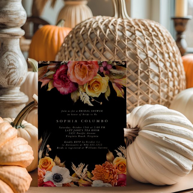 Dark Moody Fall Floral lRomantic Bridal Shower  Invitation (Dark and Moody Dramatic Fall Bridal Shower Invitation )