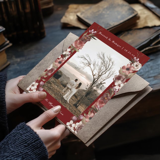 Dark Moody Floral Autumn Photo  Save the Date Invitation (Creator Uploaded)