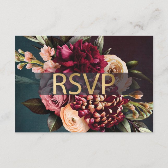Dark Moody Floral Bold Red RSVP Enclosure Card (Front)