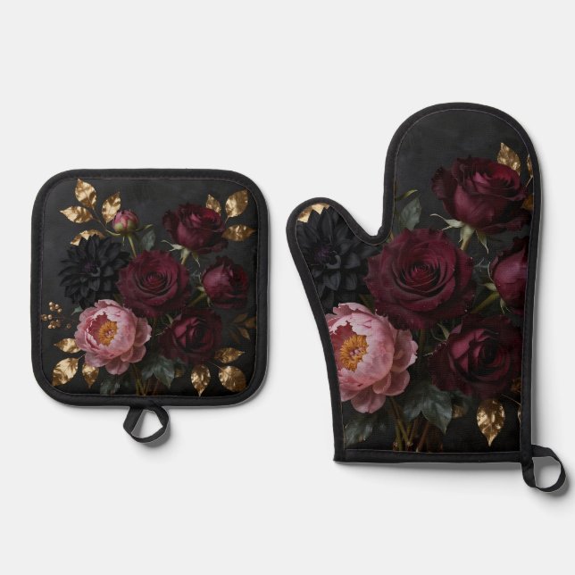 Dark Moody Floral Bouquet Oven Mitt & Pot Holder Set (Front)