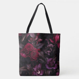 Dark Moody Floral Elegant Black & Burgundy Tote Bag
