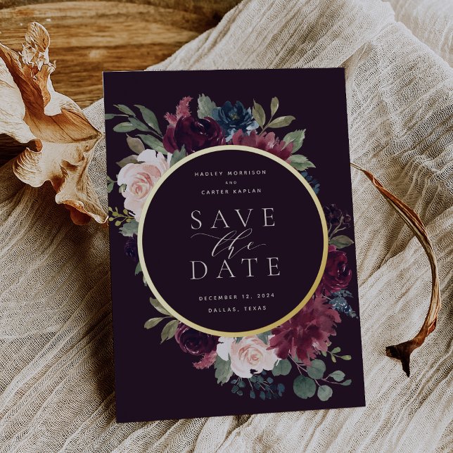 Dark Moody Floral Foil Save the Date Card (Creator Uploaded)