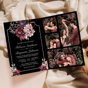 Dark Moody Floral Frame Black QR Code Wedding Invitation