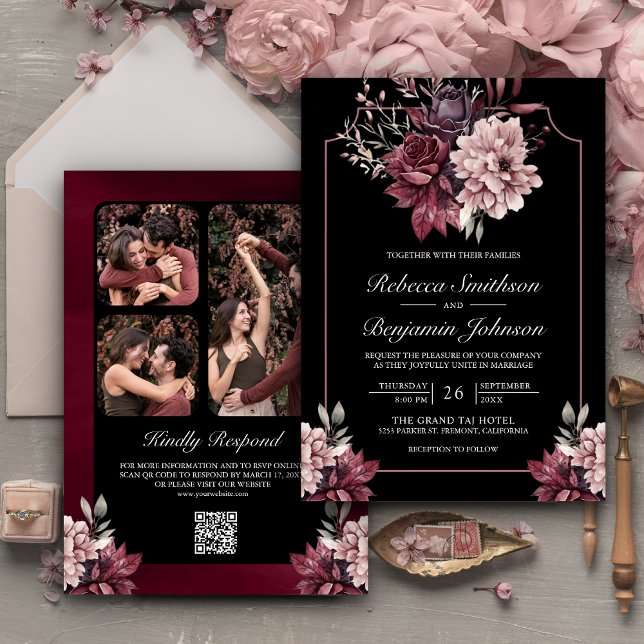 Dark Moody Floral Frame Black QR Code Wedding Invitation (Creator Uploaded)