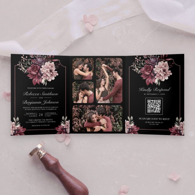 Dark Moody Floral Frame Black QR Code Wedding Tri-Fold Invitation (Creator Uploaded)