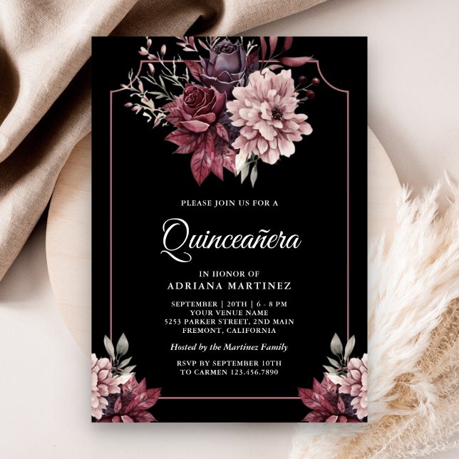 Dark Moody Floral Frame Black Quinceanera Invitation (Creator Uploaded)