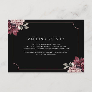 Dark Moody Floral Frame Black Wedding Details Enclosure Card