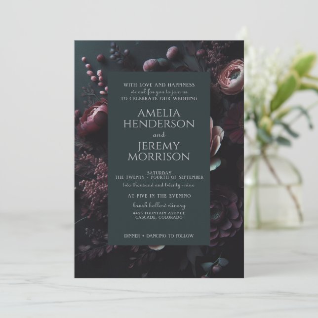 Dark Moody Floral Invitation (Standing Front)