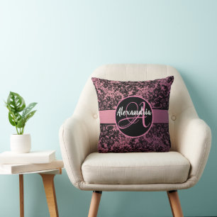 Dark Moody Floral on Pink Monogram Cushion