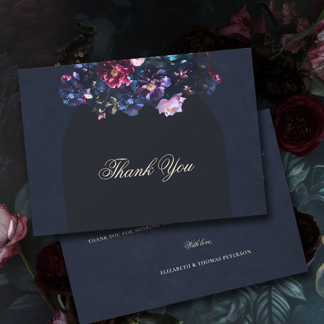 Dark Moody Floral Romantic Black Mauve Wedding Thank You Card (dark moody wedding thank you card purple black jewel tones dutch painting romantic gothic)