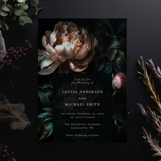 Dark Moody Floral Romantic Black Peony Wedding Invitation (Creator Uploaded)