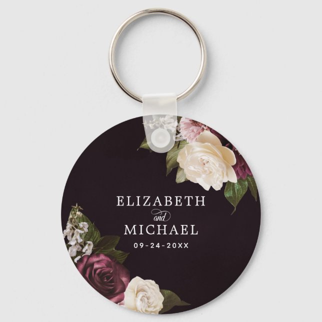 Dark Moody Floral Romantic Wedding  Key Ring (Front)