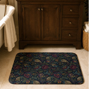 Dark Moody Floral Vintage Crewel Botanical Elegant Bath Mat