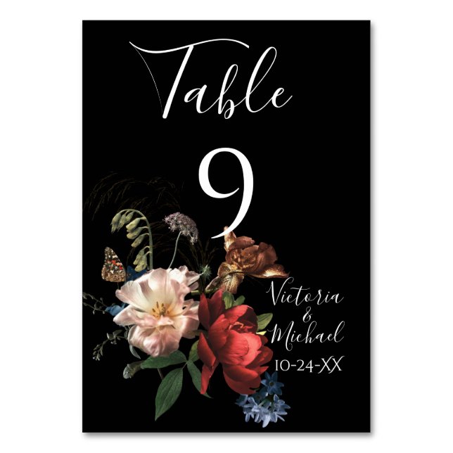 Dark & Moody Floral Wedding table number cards (Front)